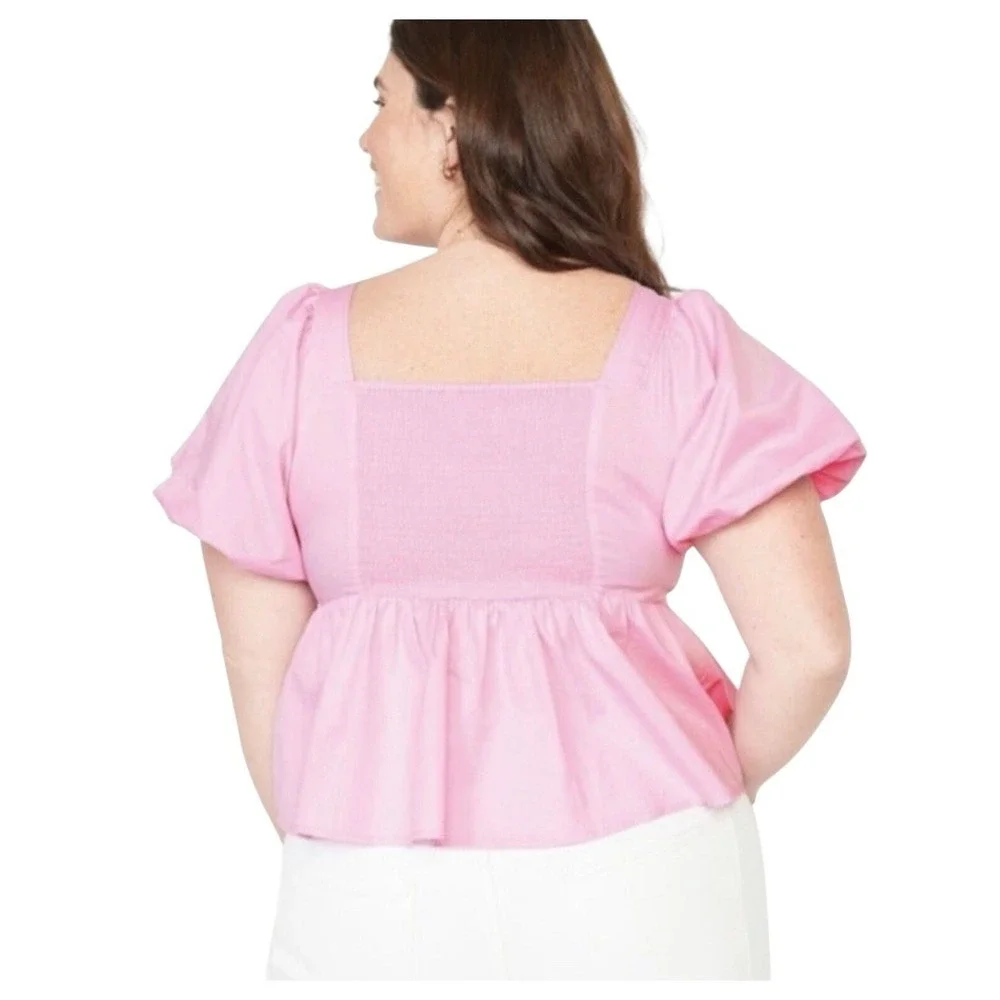 Old Navy Puff Sleeve Pink Smocked Baby Doll Swing Blouse Top Boho Peasant Sz XXL